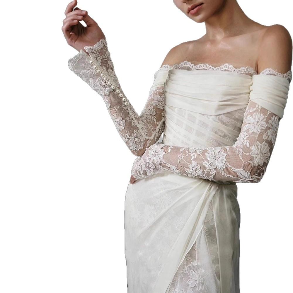 Französisches langärmeliges leichtes Spitzenhochzeitskleid Braut 1011 neues One-Shoulder Retro Mori Türgarn Fischschwanzkleid Rock