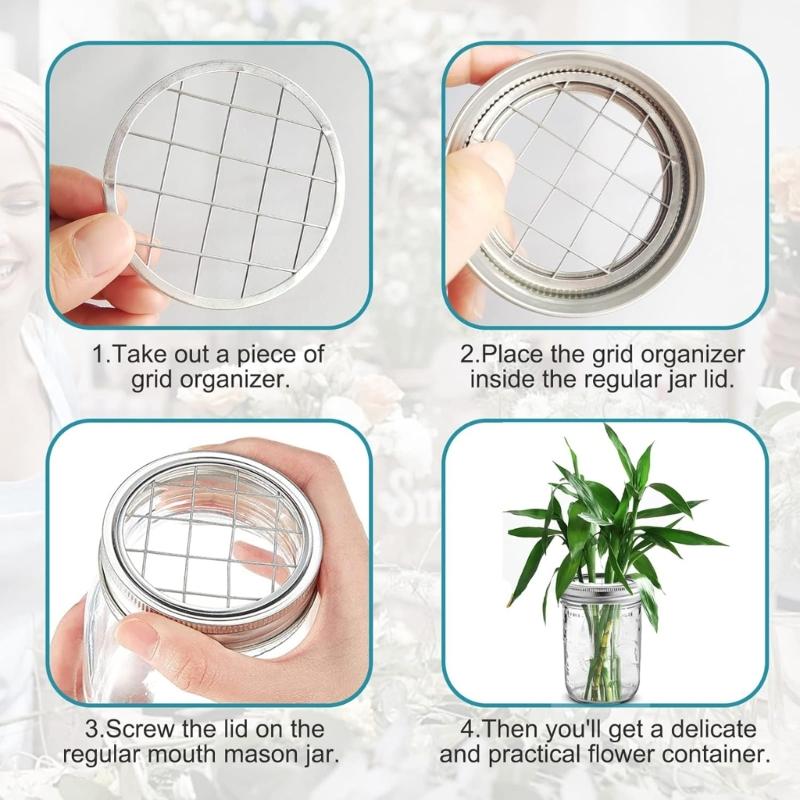 Organizer Lid Insert Flower Glass Bottle Covers Silver Lid with Straw Hole Square Grides Lid Suitable for Arrangements