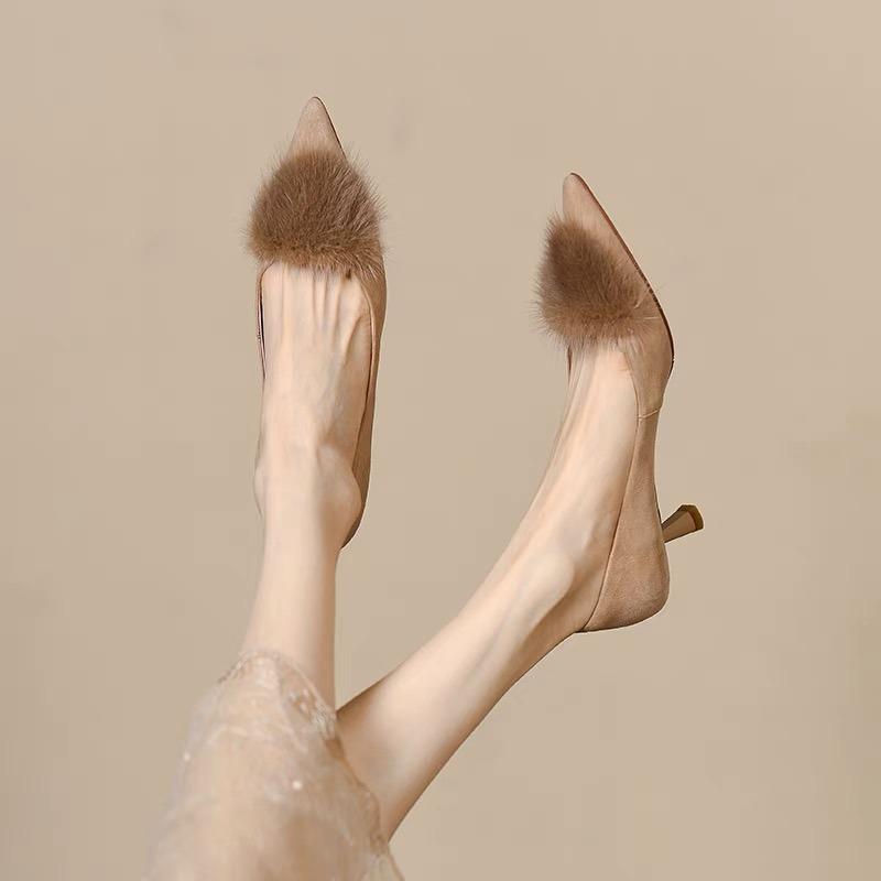 Fashion 2025 New Women's Pumps Faux Fur Boat Shoes Pointed Toe Med Heels Office Lady Shoes  Slip On Thin Heels Dress Shoes Autumn