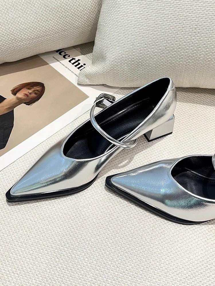 Spring 2025 New French Light Mouth Medium Heel Mary Jane Single Shoes Pointed Professional Black High Heels Women's Thick Heel