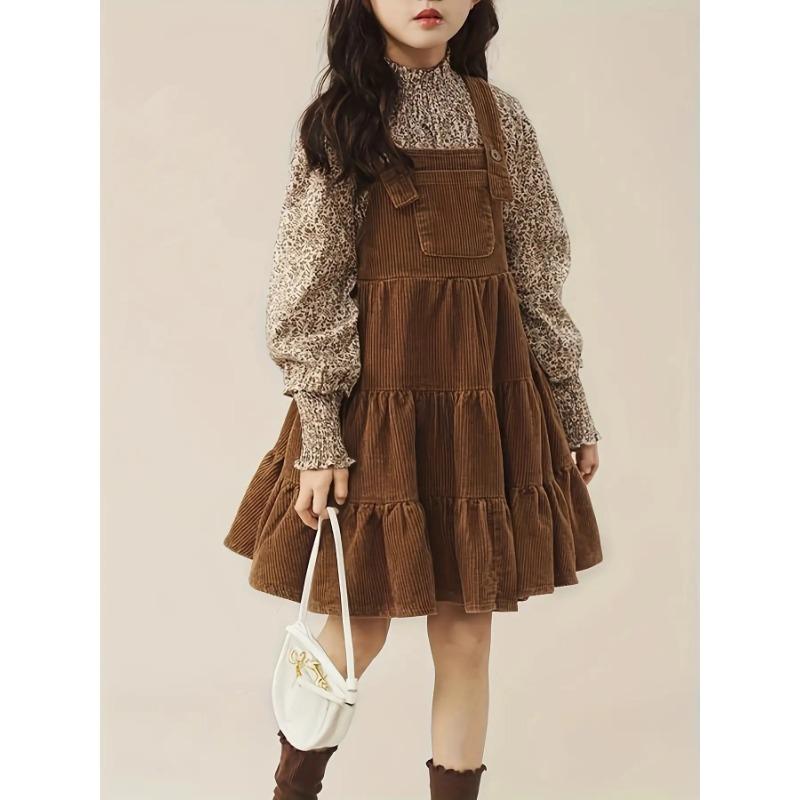 New Girls' Vintage Floral Print Two-Piece Set - Brown & White Long Sleeve Dress with Ruffled Hem, Button-Up Front, and Matching Pockets