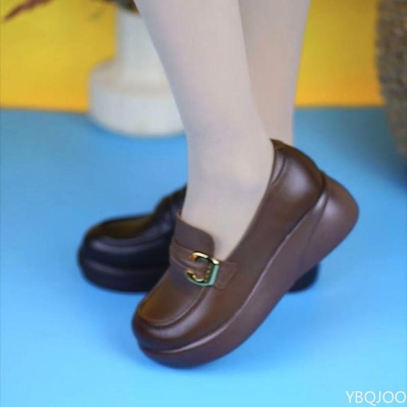 Women'S Single Shoe Retro Leather New Thick Soled British Loafers Round Toe Comfortable Sloping Shoes  De Mujer Platform
