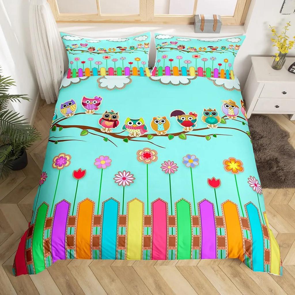 Kids Cartoon Garden Bed Set Cute Owls Comforter Cover, Chic Tree Butterfly Duvet Cover Full Queen White Daisy Floral Bedding Set