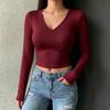 Women's Slim Fit V-Neck Long Sleeve T-Shirt Versatile Cropped Top for Everyday Wear