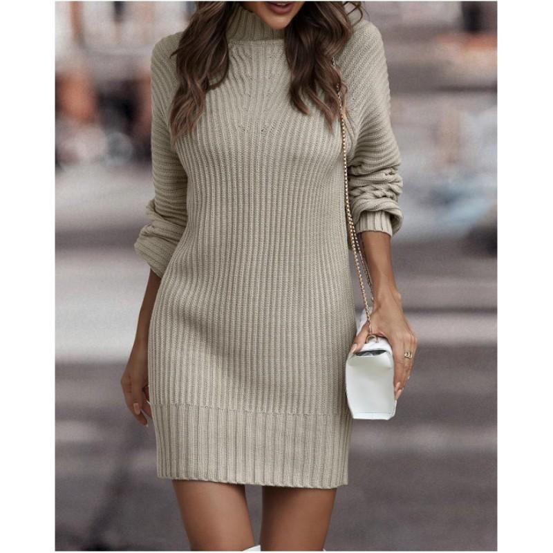 Damen Herbst und Winter Einfarbig Rollkragen Langarm Pullover Frühling Slim Midilänge Pendlerkleider