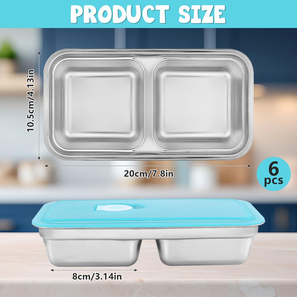 6 Pack Double Compartment Stainless Steel Snack Containers With Lid Reusable Leak-Proof Food Storage Lunch Box Meal Bento Contai