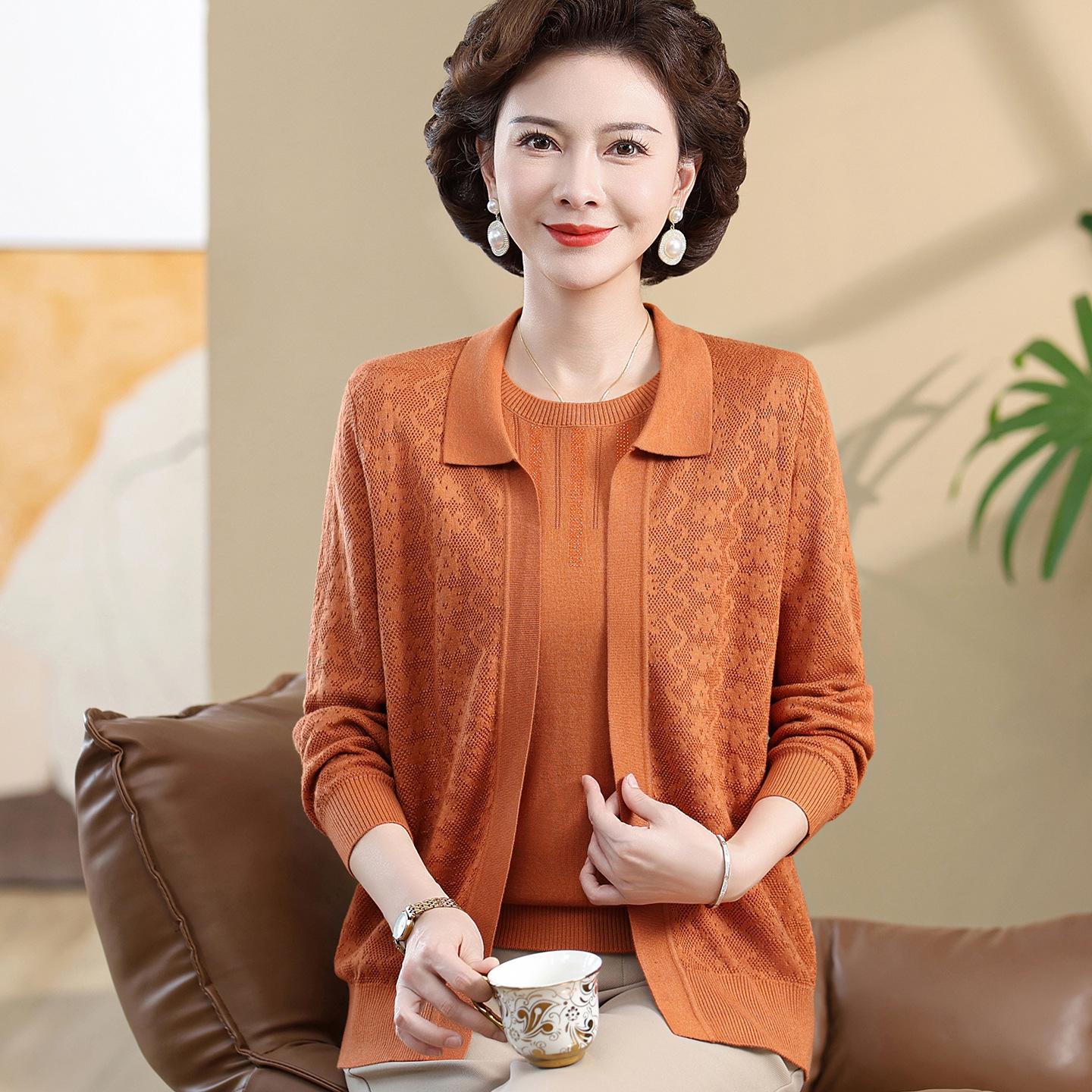 

Elegant Jacquard Knit Lapel Cardigan & Round Neck Short Sleeve Two-Piece Set for Mature Women 5XL (for 150-165 jin) оранжевый