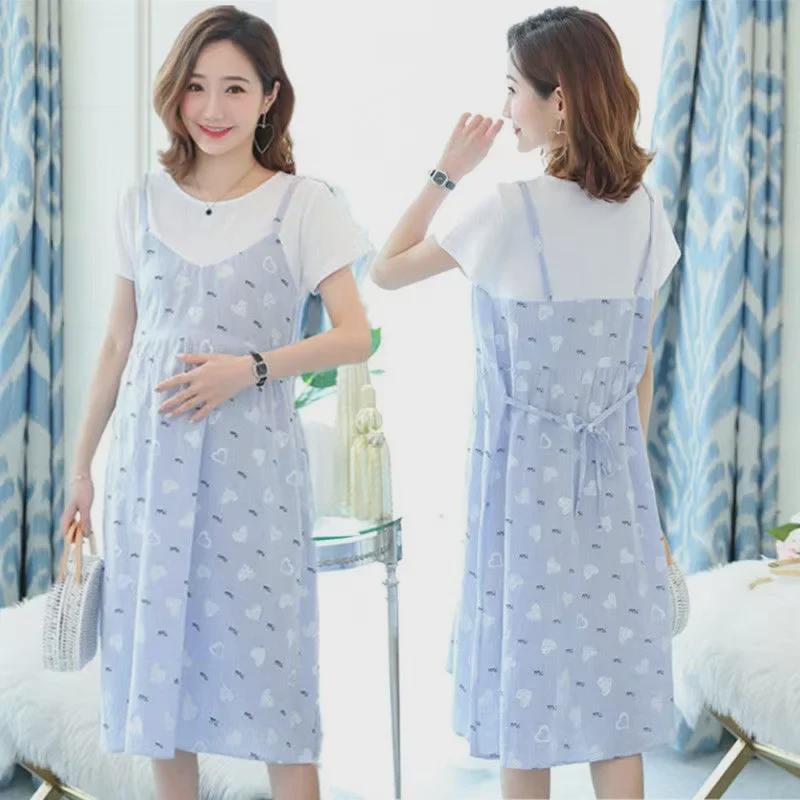 Korean Style Maternity Dress - Loose, Large Size, Medium To Long, Knee-Length Two-Piece for Summer & Autumn