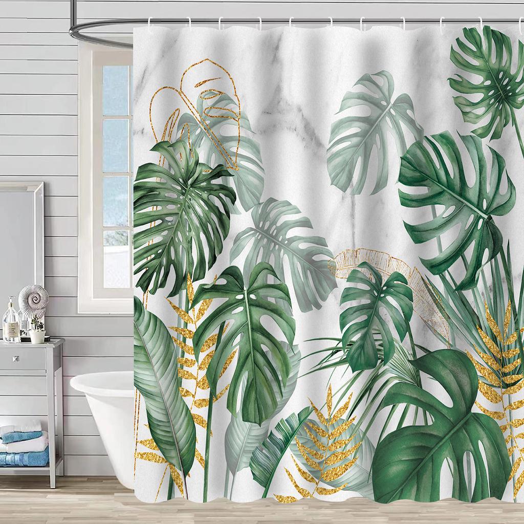 Green Plant Waterproof and Mildew-proof Polyester Bathroom Shower Curtain Shower Curtain Partition Curtain Free of Punching