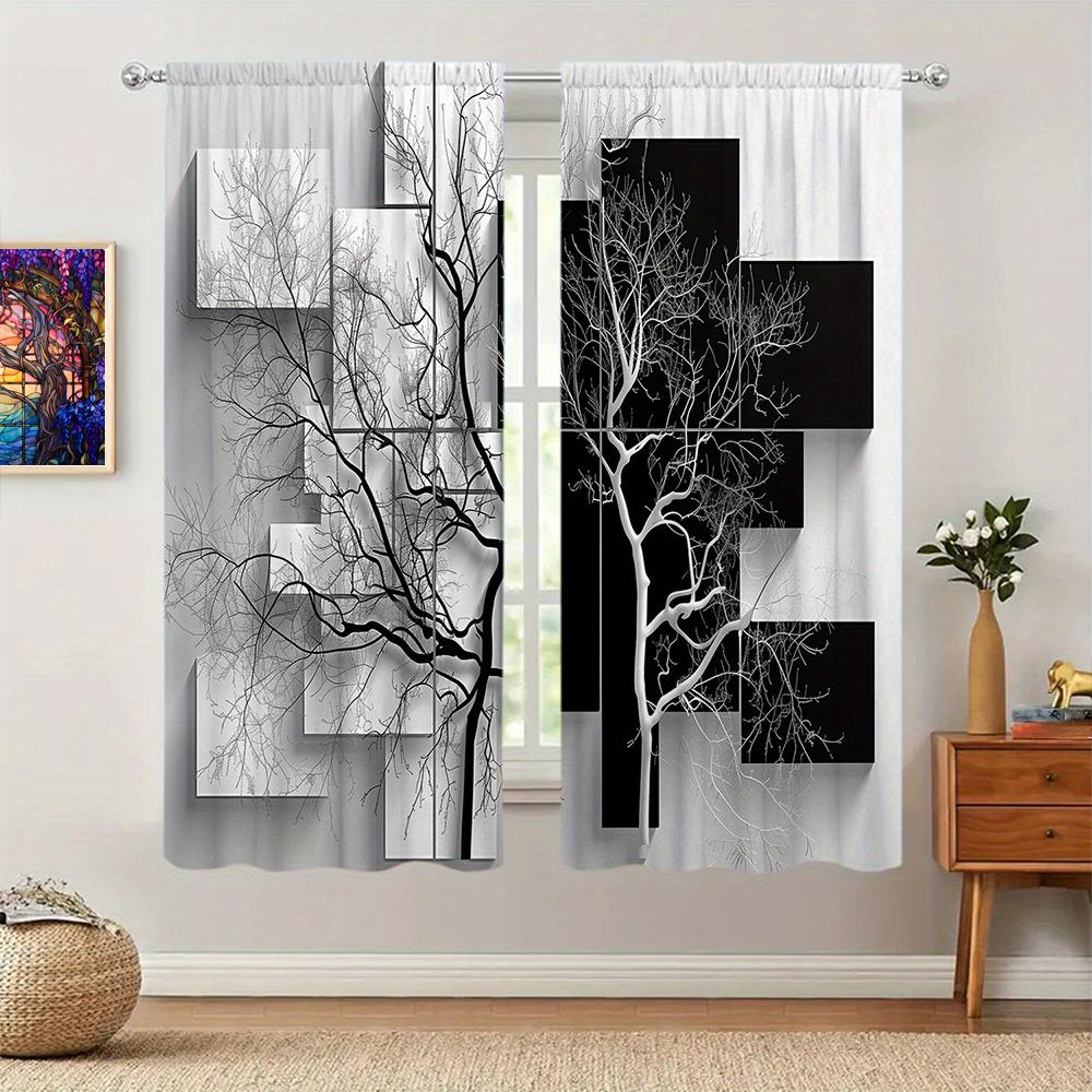 Set Of 2 Black White Tree Printed Curtain Home Decor Window Treatment Bedroom Office Kitchen Living Room With Rod Pocket Polyester Perfect For Sitting