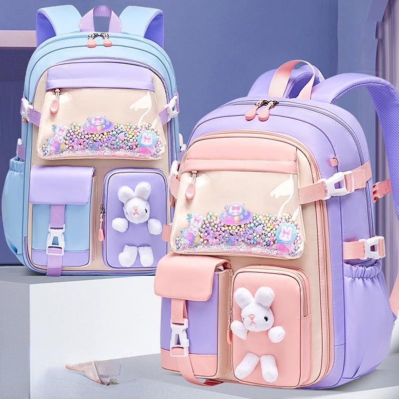 Grundschulrucksack 1.-5. Klasse Niedliche bunte Schultasche für Mädchen Wasserdicht Große Kapazität Cartoon-Hase Mochila Escolar