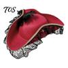 Feathered Costume Hat Halloween Pirate Hat, Captain Accessory, with Burgundy Lace Party And Decor, Lightweight Vintage Style Buccaneer Cap Comfortable