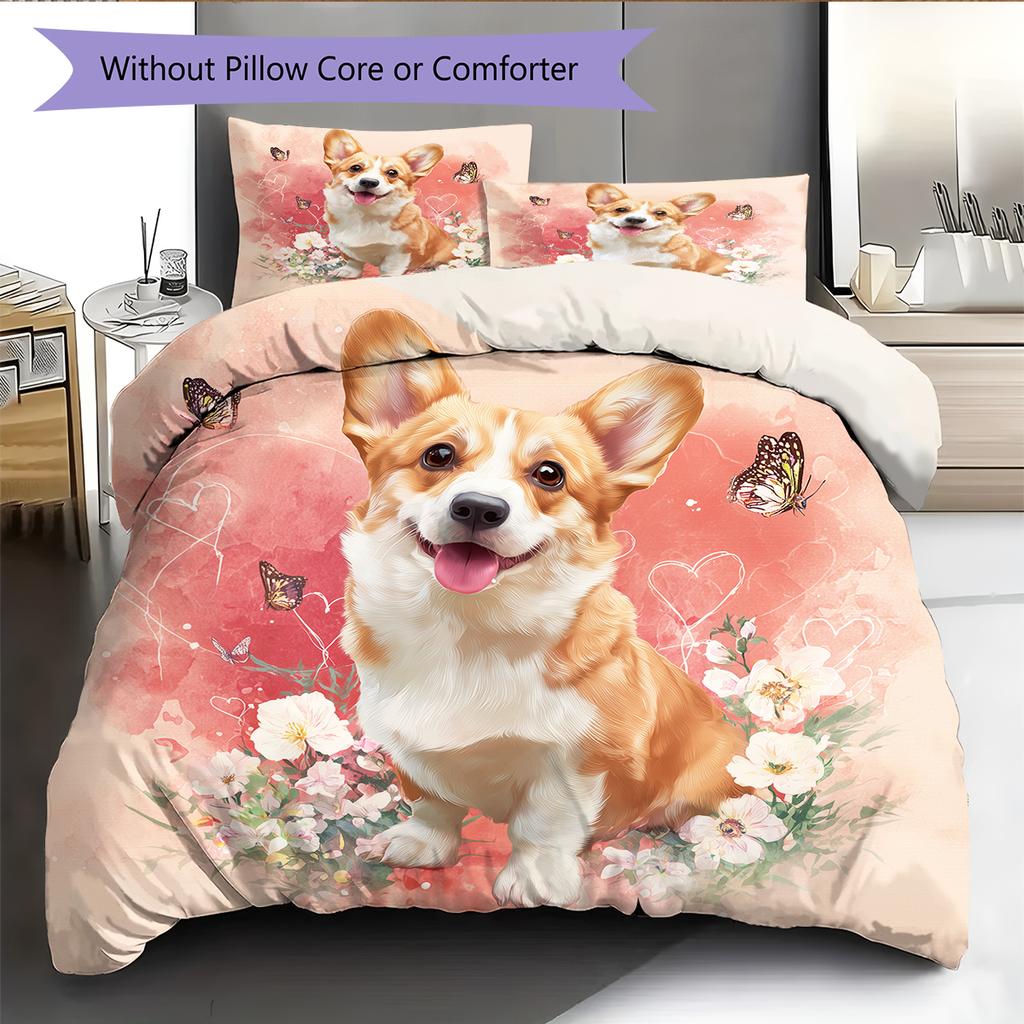 Pink Corgi Pattern Bedding Home Decoration Birthday Gift (1 * duvet cover + 2 * pillowcase, without core)