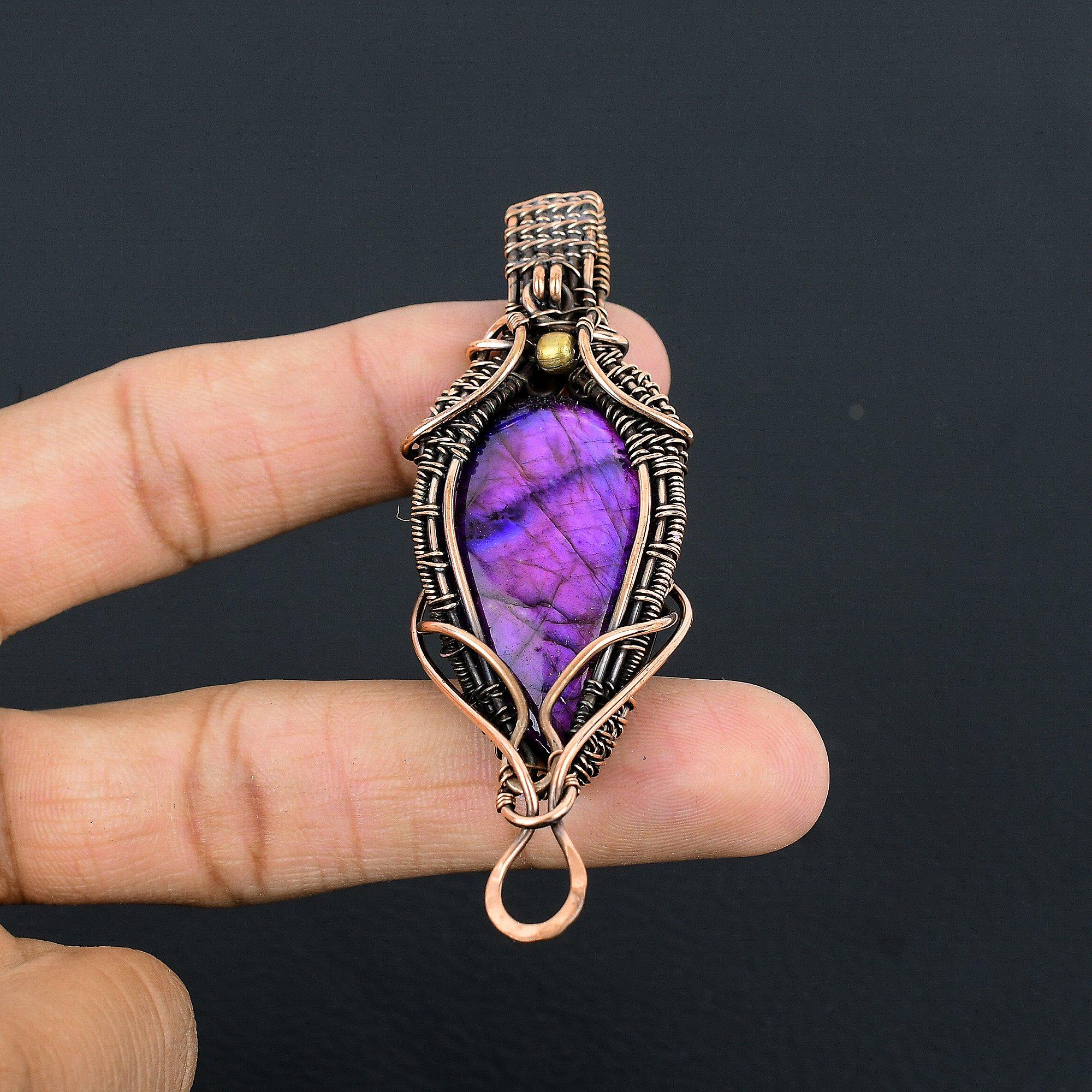 

Украшения из лабрадорита с фиолетовой вспышкой, Кулон, обернутый медной проволокой 999 пробы, Ювелирные изделия из драгоценных камней ручной работы, Подарки для жены, Совершенно новый кулон 2.55 Inches