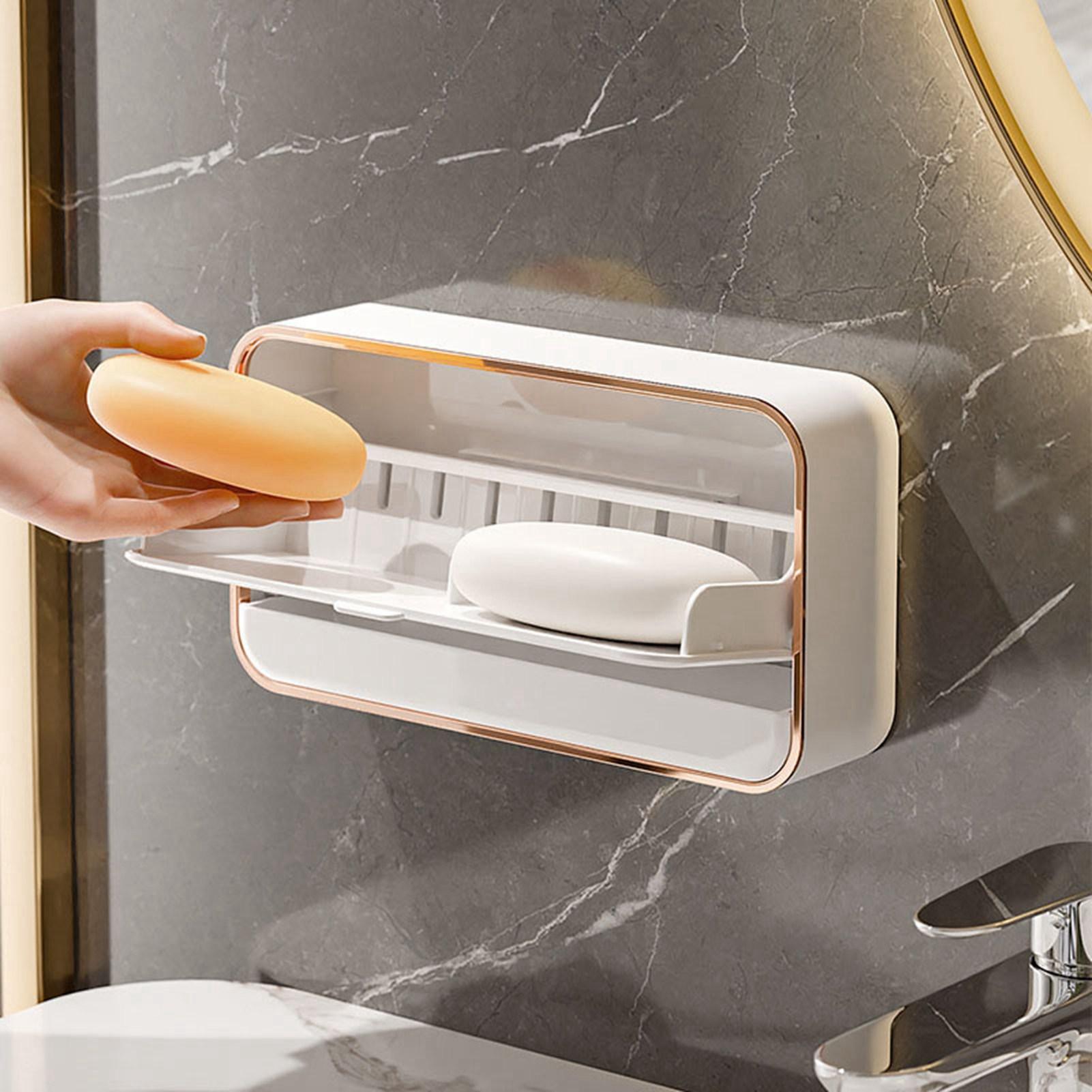 

Wall Mounted Soap Box Self Draining Half Flip Lid Wall Soap Holder Tray for Bathroom Laundry Room Kitchen