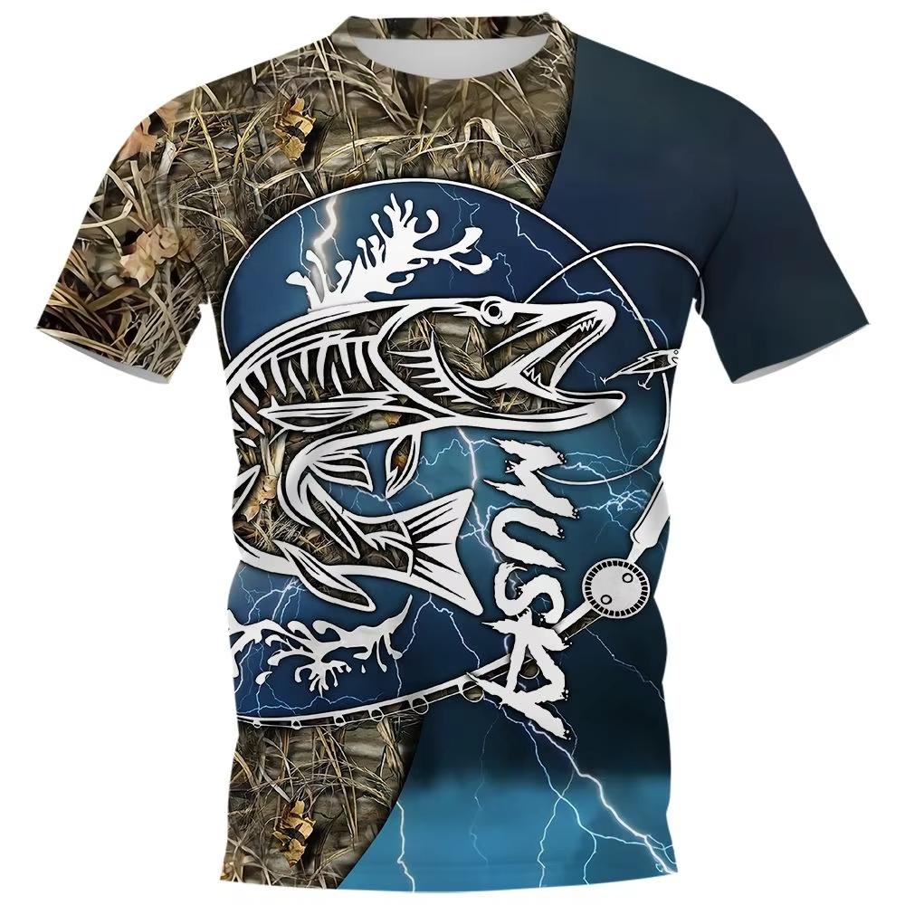 New Fishing Clothing Men's T-Shirt Dog Fish Graphic T-Shirt Crew Neck Loose Tops Outdoor Sunscreen Summer for Male Fishing Shirt