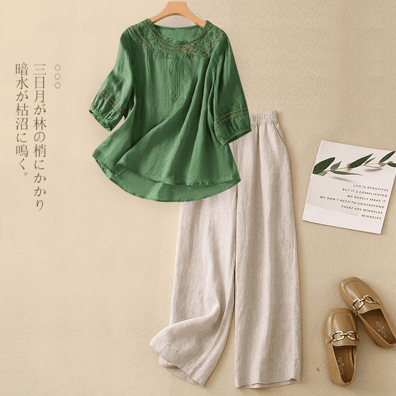 

Ethnic Style Chinese Style Short-sleeved Fashion Suit Two-piece Cotton and Linen Top Literary Retro Casual Temperament Wide-leg Pants S