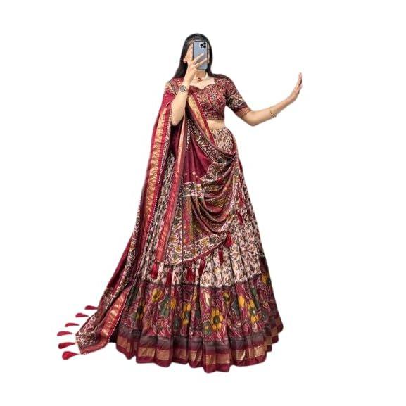 Dámská dokonale Kolekce Tussarové hedvábí Lehenga Choli Patola potisk s fóliovou prací, Nesešitá halenka,