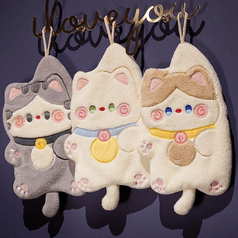 Cartoon Cat Coral Fleece Hangable Hand Towel - Thick, Absorbent, Dual-Use for Kitchen & Bathroom.