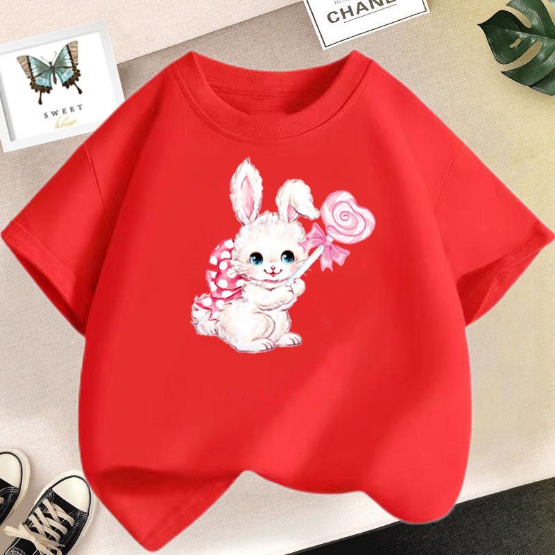 Cute Cartoon Rabbit Lollipop Print T Shirts Student Girls Kawaii Tee High Quality Cotton Summer Short Sleeve Casual Tops
