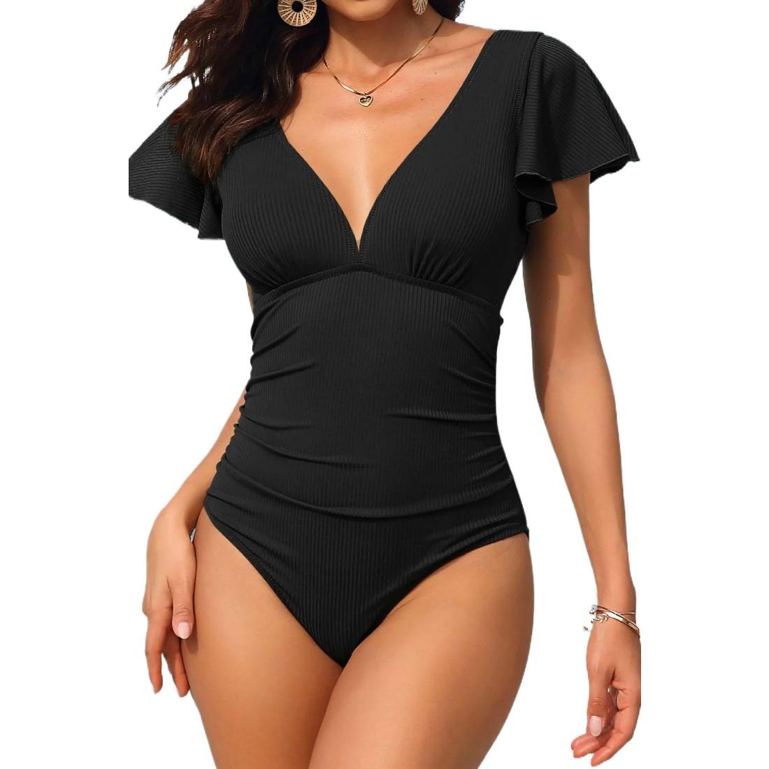 

Charmleaks сексуальный глубокий v-образный вырез однотонный волан с открытой спиной и коротким рукавом цельный купальник для женщин банный костюм Monkini m чёрный