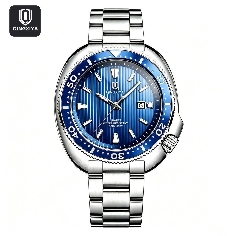 Business Mens Analog Watches Wateproof Diving Watch Luminous Dial Steel Band Daily Calendar Quartz Watch