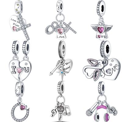 S925 Sterling Silver Pink Zircon Love Heart Angel Music Pendant Sweet Beads Fit Original Charms Bracelet DIY Jewelry Gift