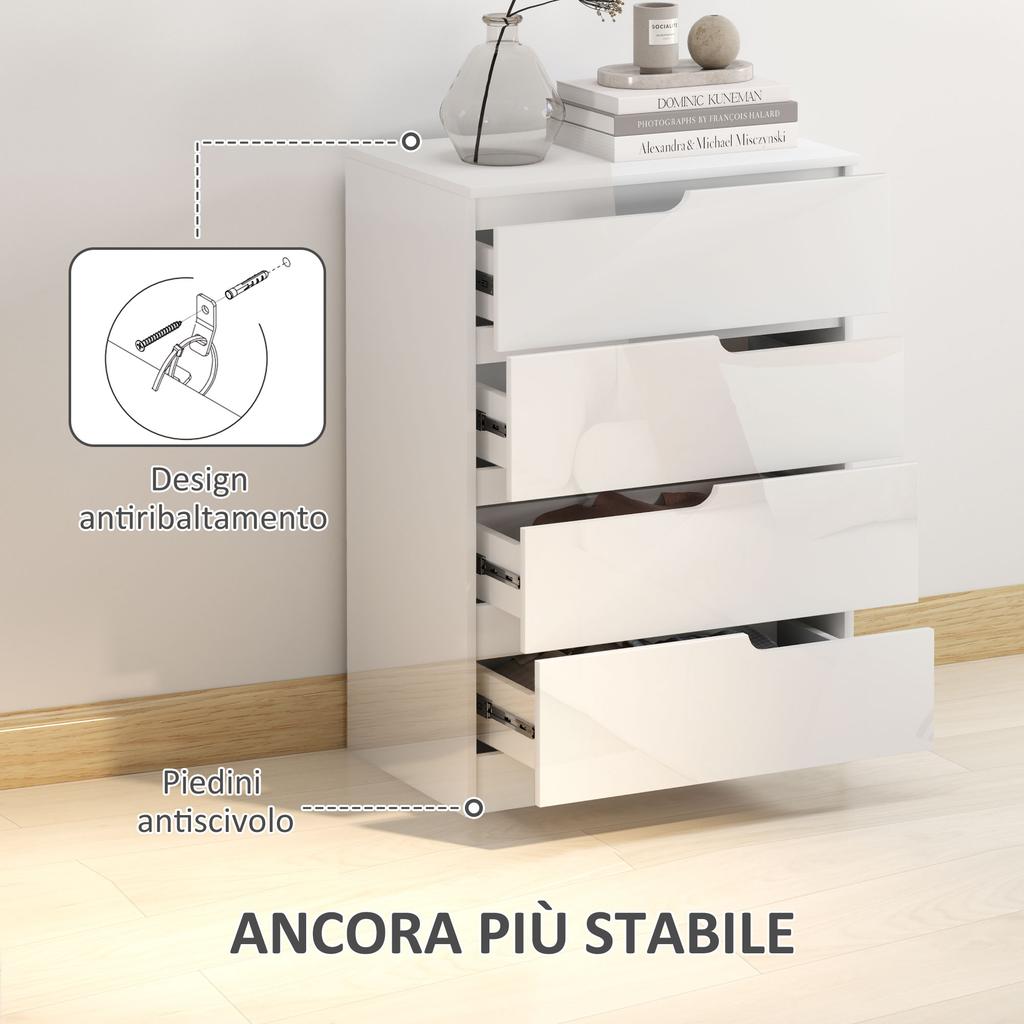 Modern and Minimal 4-Drawer Wooden Dresser, 60x40x85 cm, Glossy White