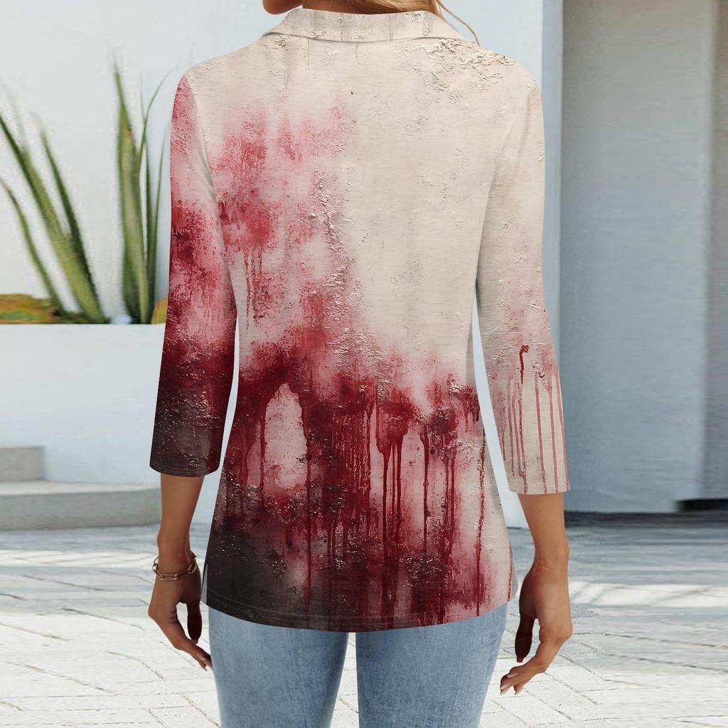 Women's Fashion Casual Lapel Short 3/4 Sleeve Halloween Print Shirt Women's Button Up Tops