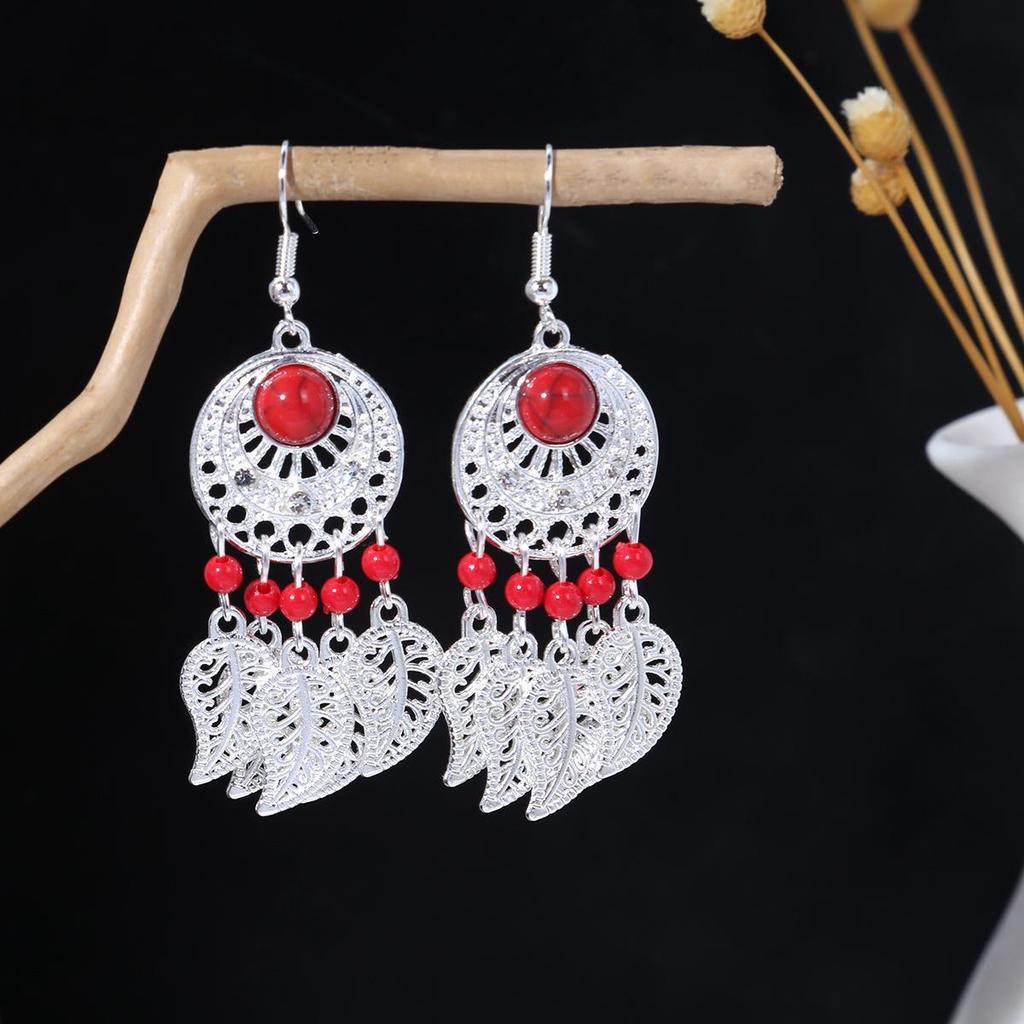 Ethnic Feather Tassel Dangle Earrings - Imitation Miao Silver Style, Popular Tourist Item, Cute Bean Design.