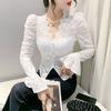 Winter Temperament Puff Sleeve V-neck Lace Shirt with Chest Pad Long Sleeve T-shirt Women's Short Slim and Versatile Base Shirt