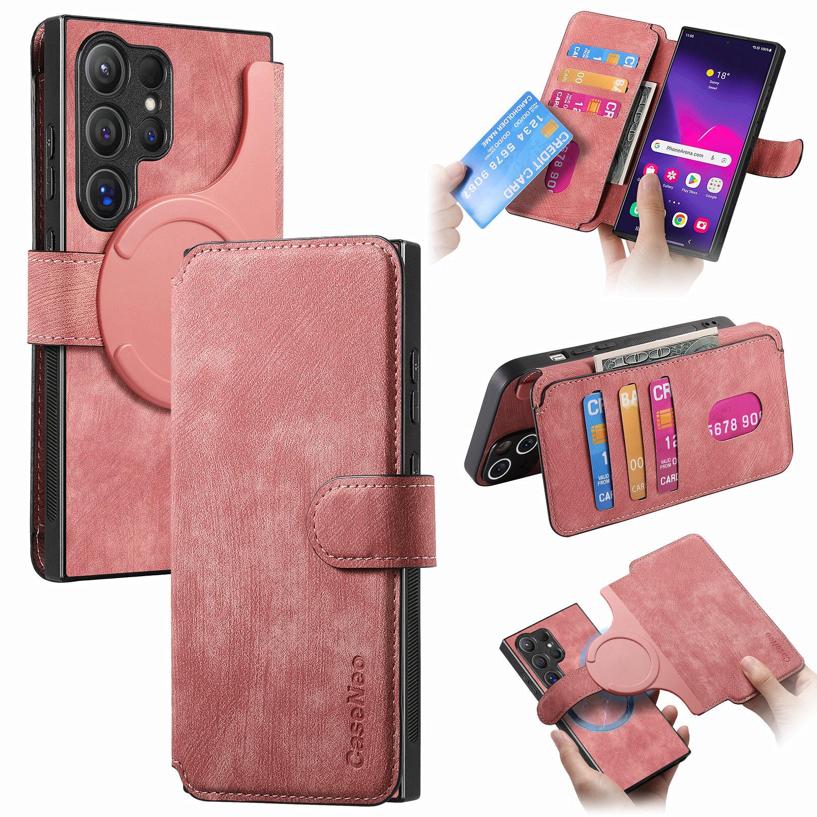 

For Samsung Galaxy S24 Ultra Magnetic Case CASENEO Detachable Leather Phone Wallet Cover Pink