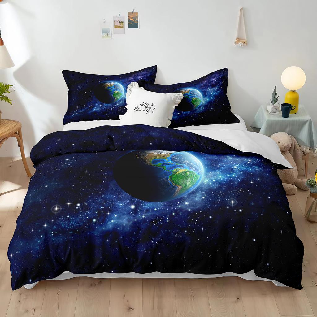 Set de husă de pilotă cu temă planeta uriașă 3D Mercury Galaxy Space Blue King Queen, dimensiune dublă, husă de cuvertură din poliester pentru copil, băiat, fată
