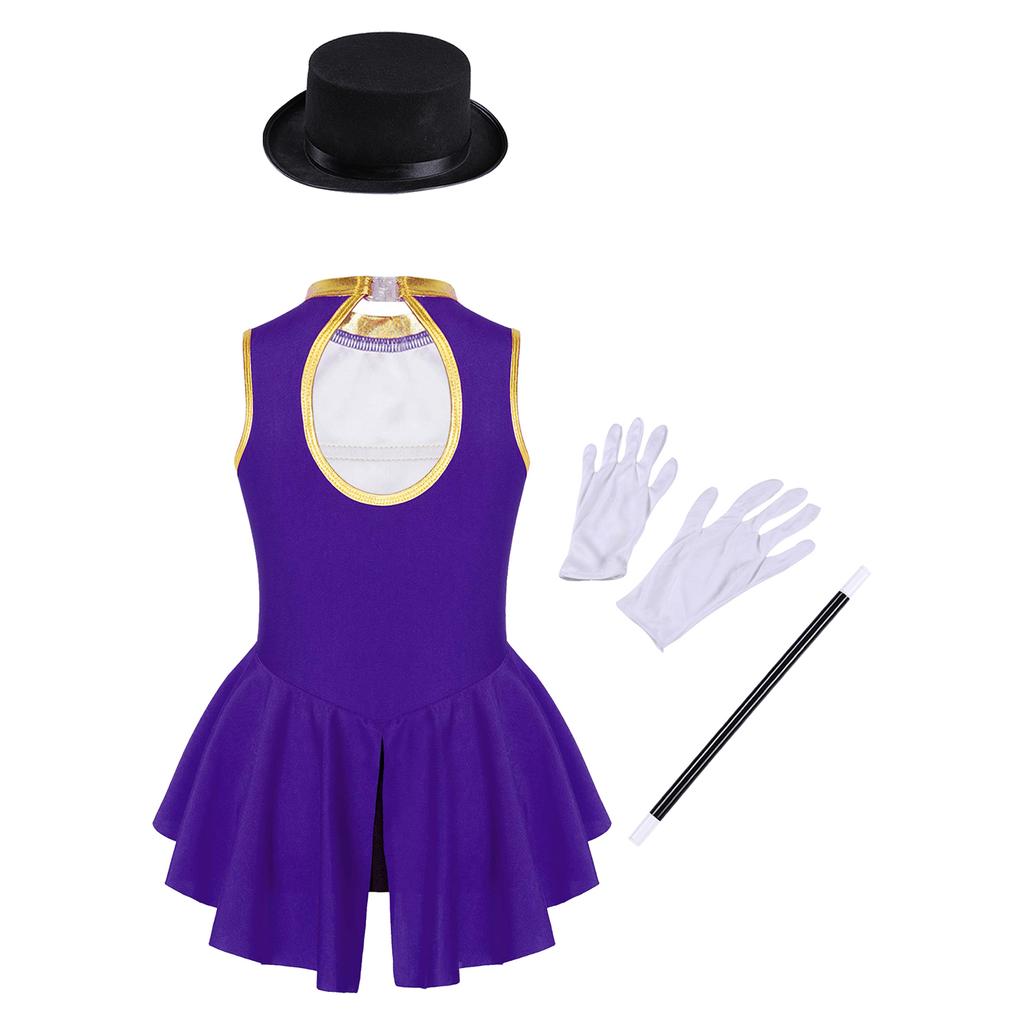 Girls Ringmaster Costume Sleeveless Leotard Round Neck Cutout Back with Hat Magic Gloves Circus Cosplay Outfit