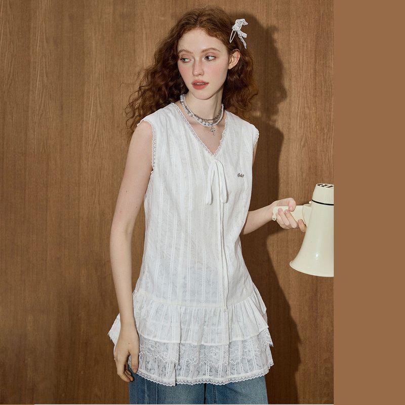 Coolhut French Lace Cake Dress with Lace Hem, Sleeveless V-Neck, Slimming Look, New Summer Women's Vest for Layering