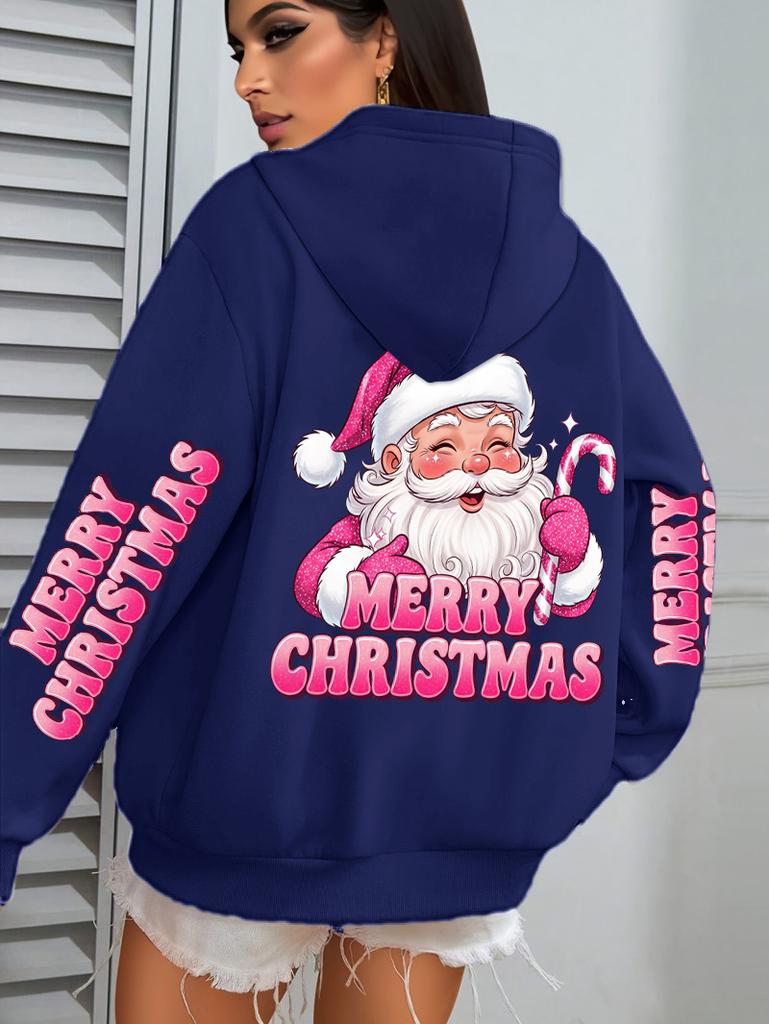 Merry Christmas Pink Santa Claus Printed Hoodies Women Pocket Fleece Hoodie Autumn Multicolor Sportswear Hip Hop Loose Clothes