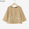 ZANZEA Women Casual Round Neck Loose Embroidery 3/4 Sleeve Blouse