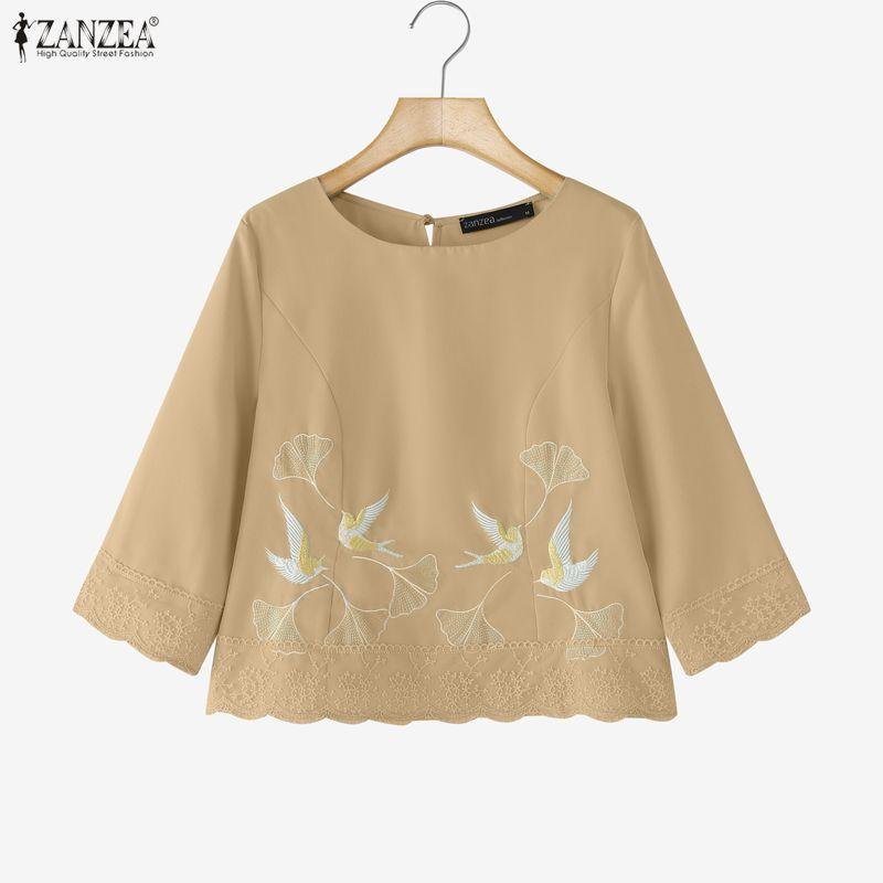 ZANZEA Women Casual Round Neck Loose Embroidery 3/4 Sleeve Blouse