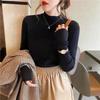 Black Semi High Neck Knit Top Women Autumn Winter Versatile Long Sleeve Base Layer Slim Fit Shirt