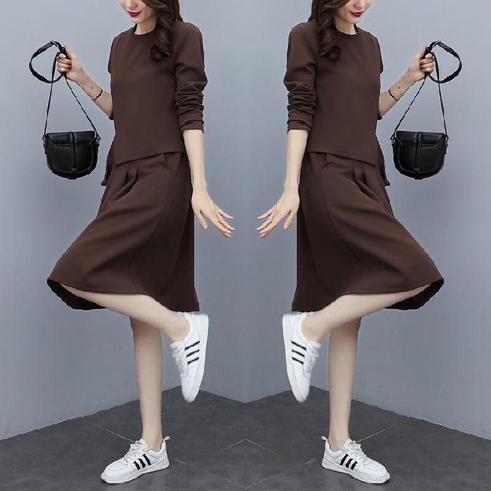 

Skirt set autumn new fat mm Korean version high-end fashion loose and thin two-piece set large size dress M темно-коричневого
