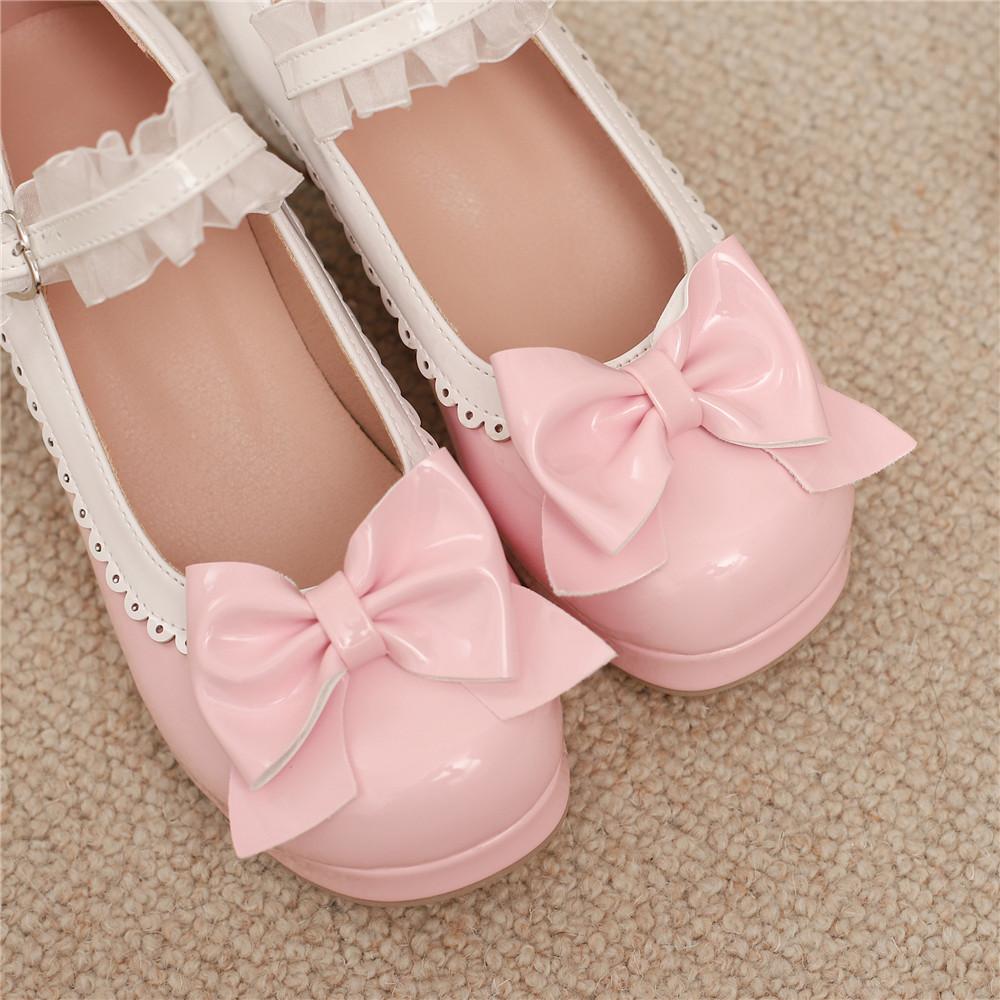 Fashion Woman Med Heel Lolita Shoes Patent Leather Patchwork Cute Bow Mary Jane Pumps Bride Wedding Cosplay Party Pink Black Size 31-48