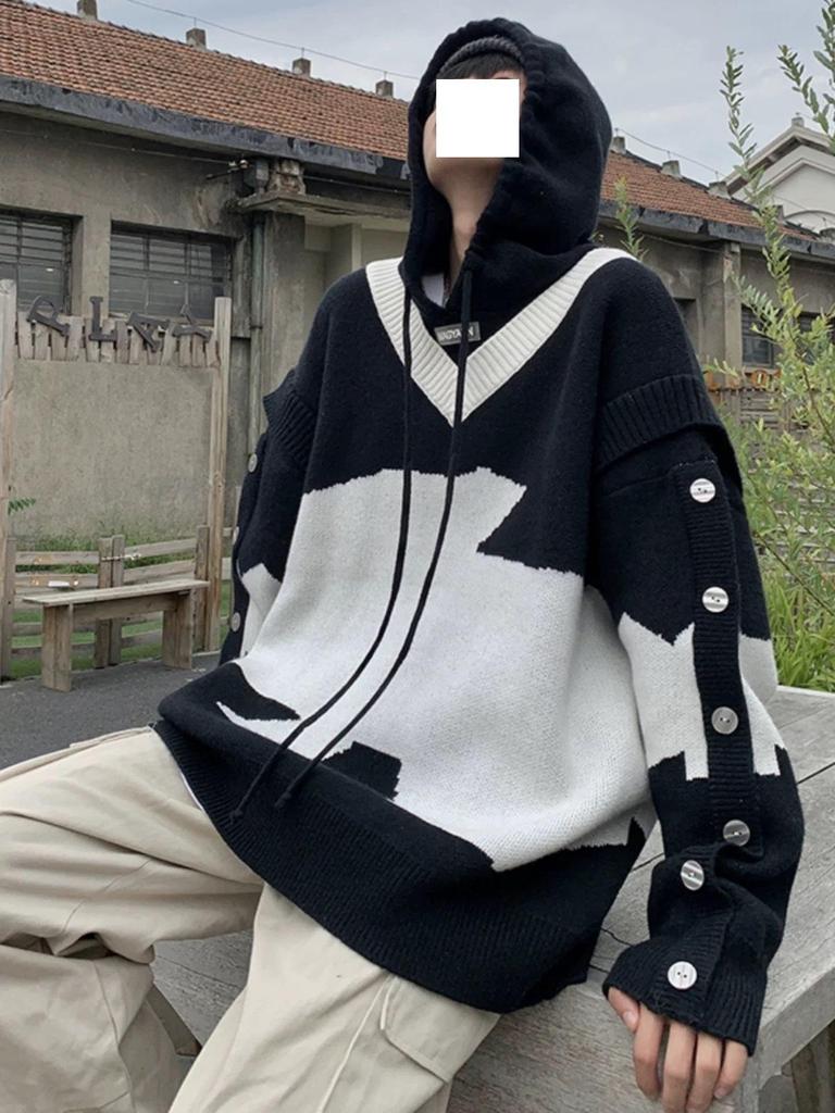 Men's Black & White Patchwork Knitted Sweatshirt, Autumn/Winter, Oversized Hooded Jacket, High-End Casual Style.