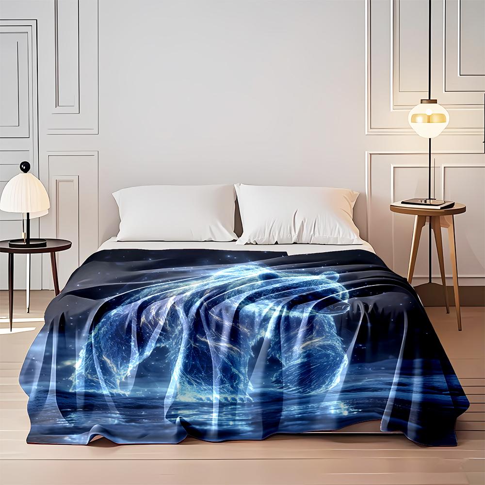 Glowing Blue Bear with Cosmic Light Design. Flannel Blanket for Bedroom, Living Room, Sofa, and Nap Sofas.