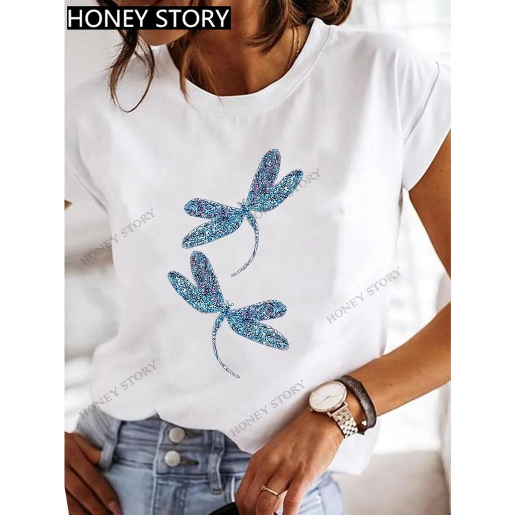 Dragonfly butterfly print blouse loose women's short-sleeved T-shirt round neck casual fashion daily