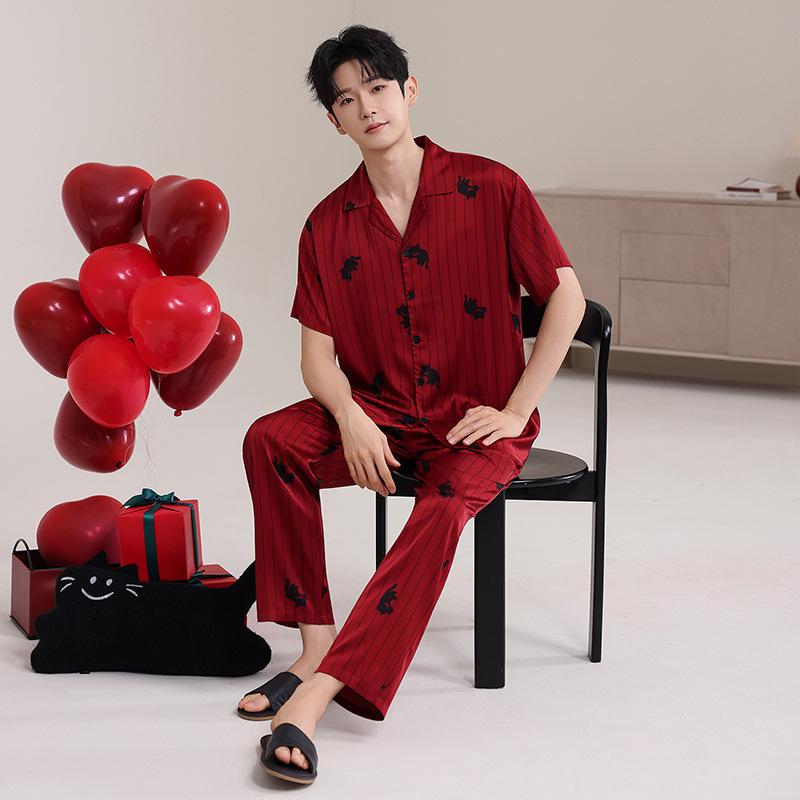 Couple Pajamas Ice Silk Summer Wedding Short Sleeves Trousers Red Loungewear Women's Wedding Engagement Men's Suit
