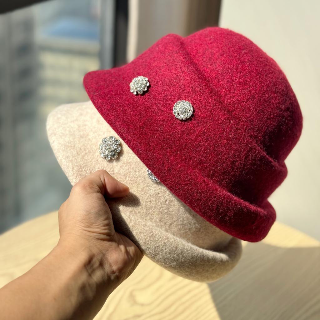 Ny Höst och Vinter Elegant Hög Hatt Dam Ull Strass Fiskarhatt Brittisk Retro All Match Varm Ryttarhatt