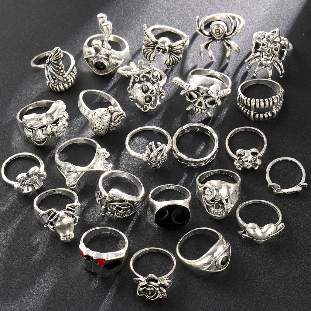 24 Pcs Gothic Skeleton Unisex Ring Set For Women Man Punk Grunge Butterfly Frog Jewelry Hip Hop Party Street Ring Accessories
