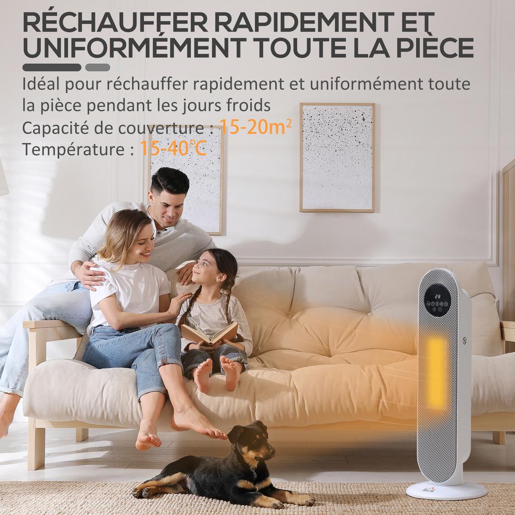 Oscillating Ceramic Tower Heater, 2000W, Remote Control, 15-40°C