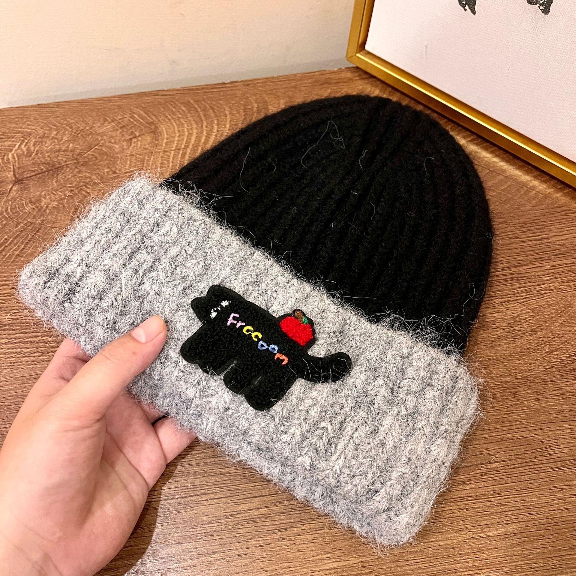 

Hat Women s Autumn and Winter Contrast Color Wool Hat Letter Kitten Embroidery Student Versatile Thickened Warm Ear Protector Knitted Hat M（56-58cm）
