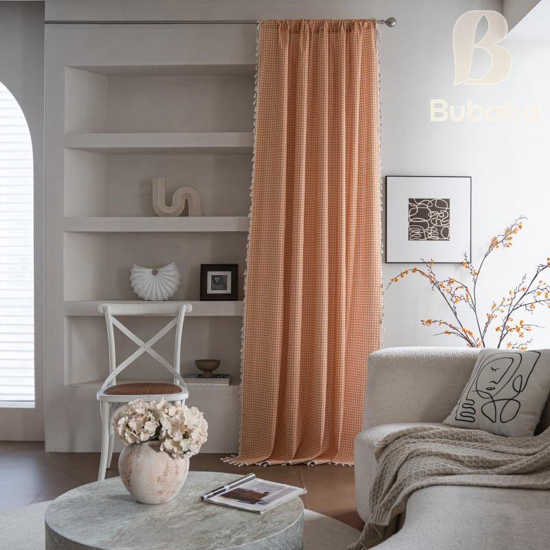 Bu Baba Orange Plaid Tassel Curtains - Semi-Shading, Decorative for Living Room, Bedroom, Kitchen, Balcony